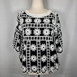 Indigo Poppy Crochet Embroidered Top Women's S Bell Sleeve Babydoll Boho NEW